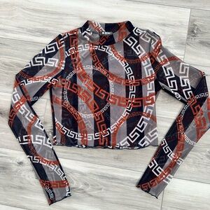 Geometric Print Sheer Long Sleeve Top - Black and Red
